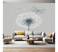 Gris Wallpaper Papier Peint Panoramique Pissenlits et libellules Intissé Photo Mural 400x280 cm Moderne Poster Salon Chambre Mur de fond Chambre Enfants Bureau Décor Maison