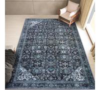 （GrisBleu foncé，122*183cm）Tapis Vintage Design Moquette courte imitation cachemire Tapis à poils courts Antifouling Antidérapant Lavable Doux pour salon chambre salle à manger