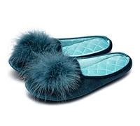GRITHEIM Pantoufles pour femme avec pompons moelleux, plumes, velours, sexy, confortable, chambre à coucher, pantoufles pour femme, semelle antidérapante, intérieur et extérieur, Turquoise., 40.5/42