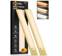 Gritin Lampe de Placard-84 LED Super Lumineuses, 26CM, 3 Couleurs&5 Luminosités, 4 Modes, Détecteur de Mouvement,Rechargeable 1800mAh Longue Durée-Installation Facile Lampe d'Armoire-2 Pack,Or