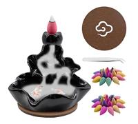 Griwuut Brûleur d'encens à refoulement en forme de cascade en céramique pour méditation, relaxation, purification et cadeau de yoga avec 60 cônes, pinces et un tapis de table
