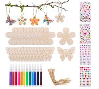 Griwuut Lot de 40 kits de bricolage, pendentifs en bois, papillon, fleur, à peindre, kits créatifs avec stylo aquarelle et autocollants en pierres précieuses pour anniversaire