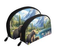 Grizzly Bear and Cub Snow Mountain Forest Lot de 2 trousses de maquillage portables Motif forêt, blanc, Taille unique