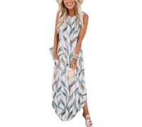 GRMLRPT Robe Longue Femme Bohème Chic Maxi Dress sans Manches à Motifs Imprimés Style Décontracté Tenue pour Été Plage Vacances Voyage Estivale(Vert,XXL)