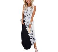 GRMLRPT Robe Longue Femme Bohème Chic Maxi Dress sans Manches à Motifs Imprimés Style Décontracté Tenue pour Été Plage Vacances Voyage Estivale(Noir,M)