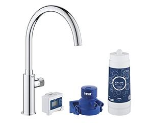GROHE 30387000 Robinet de cuisine sans mitigeur avec système de filtration complet Blue Pure Mono, filtre charbon actif, goût premium, bec en forme de C (Import Allemagne), Chromé
