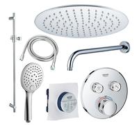 Grohe - Adema Rise Ensemble de douche de tête - encastré - 2 fonctions - avec douche de tête Adema Rise 30 cm - douchette à main ronde - bras de douche mural - barre de douche 90 cm - mitigeur thermos