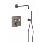 Grohe - Adema Rise Ensemble de douche pluie - carré - coude mural avec support de douchette - flexible de douche lisse - douchette à main barre - bras mural - douchette de tête 25 cm - thermostat enca