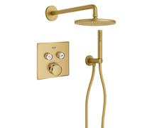 Grohe Adema Rise Ensemble de douche pluie - carré - coude mural avec support de douchette - flexible de douche lisse - douchette à main - bras mural - douchette principale 25 cm - thermostat encastré