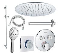 Grohe - Adema Rise Ensemble de douche pluie - Encastré - 2 fonctions - avec Adema Rise pomme de douche 30 cm - douchette ronde - bras de plafond - barre de douche 90 cm - mitigeur thermostatique encas