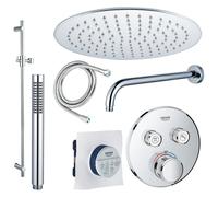 Grohe - Adema Rise Ensemble de douche pluie - Encastré - 2 fonctions - avec douche de tête Adema Rise 30 cm - douchette à main stick - bras de douche mural - barre de douche 90 cm - mitigeur thermosta