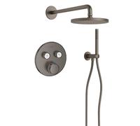 Grohe Adema Rise Ensemble de douche pluie - rond - coude mural avec support de douchette - flexible de douche lisse - douchette à main - bras mural - douchette principale 25 cm - thermostat encastré G