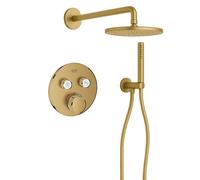Grohe Adema Rise Ensemble de douche pluie - rond - coude mural avec support de douchette - flexible de douche lisse - douchette à main - bras mural - douchette principale 25cm - thermostat encastré Gr