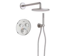 Grohe Adema Rise Ensemble de douche pluie - rond - coude mural avec support de douchette - flexible de douche lisse - douchette à main - bras mural - douchette principale 25 cm - thermostat encastré G