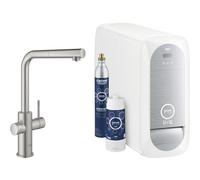 Grohe Blue Home Bec en L Kit de démarrage 31539 Mitigeur d'évier à un levier avec fonction filtre, avec glaciÚre et WIFI, bec mousseur, Coloris: acier super - 31539DC0