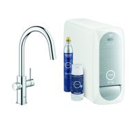 Grohe Blue Home Mitigeur monocommandé pour évier Starter Kit, portée 219mm, bec en C, avec fonction filtre et refroidissement, extractible, 31541000, Couleur: chrome