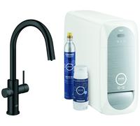 Grohe Blue Home Mitigeur monocommandé pour évier Starter Kit, portée 219mm, bec en C, avec fonction filtre et refroidissement, extractible, 31541KS0, Couleur: velvet noir