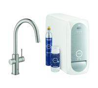 Grohe Blue Home Mitigeur monocommandé pour évier, portée 219mm, bec en C, kit de démarrage, avec fonction filtre, extractible, 31541DC0, Couleur: acier super