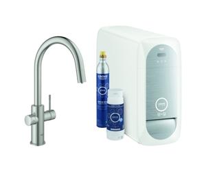 Grohe Blue Home Mitigeur monocommandé pour évier Starter Kit, portée 219mm, bec en C, avec fonction filtre et refroidissement, extractible, 31541DC0, Couleur: acier super