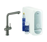 Grohe Blue Home L-spout Starter Kit Mitigeur d'évier à levier unique avec fonction filtre, avec refroidisseur et WIFI, 31454AL1, Couleur: graphite dur brossé