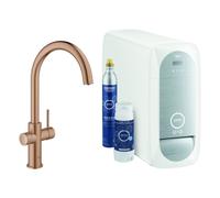 Grohe Blue Home Mitigeur monocommandé pour évier Starter Kit, portée 224mm, bec en C, avec fonction filtre et refroidissement, 31455DL1, Couleur: coucher de soleil chaud brossé