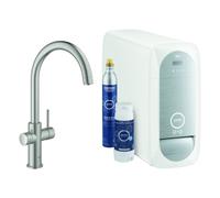Grohe Blue Home Mitigeur d'évier, portée 224mm, bec en C, kit de démarrage, avec fonction filtre, 31455DC1, Couleur: acier super