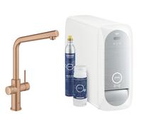 Grohe Blue Home Mitigeur monocommandé pour évier Starter Kit, portée 221mm, bec en L, avec fonction filtre et refroidissement, 31454DL1, Couleur: coucher de soleil chaud brossé