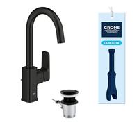 GROHE Dice Mitigeur de Lavabo de Salle de bains avec Bonde à Tirette, Taille L (Bec Orientable 90°, Ouverture eau froide au centre, Économie d’Énergie et d’Eau, QuickTool Inclus), Noir Mat, 1018712430