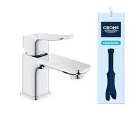 GROHE Dice Mitigeur de Lavabo de Salle de bains, Taille XS (Corps Lisse, Cartouche Céramique 28 mm, Économie d’Eau, Flexibles 3/8 Pouce, Outil de montage QuickTool Inclus), Chrome, 1018550000