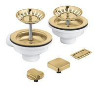 GROHE Ensemble de vidage pour évier de cuisine 2 cuves (1 vidage pop-up avec 2 boutons de télécommande : carré et rond, 1 vidage manuel, couvercle de trop-plein et 2 passoires), or brossé, 40998GN0