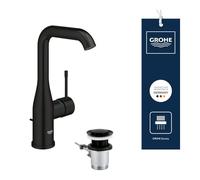 GROHE Essence Mitigeur de Lavabo avec Tirette, Taille L (244 mm, Bec Haut Courbé Orientable et Réglable, Levier Métal, Cartouche Céramique 28 mm, Flexibles 3/8"), Noir Mat, 326282431