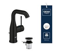 GROHE Essence Robinet de Lavabo avec Tirette - Taille M (193 mm, Bec Courbé Orientable, Cartouche Céramique 28 mm, Économie d’Eau, Flexibles 3/8"), Noir Mat, 234622431