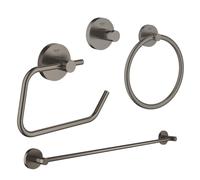 GROHE Essentials ensemble d’accessoires 4 pièces avec anneau porte-serviette, porte-serviettes, patère et porte-rouleau de papier toilette sans couvercle Brushed hard graphite sw98945/sw98977/sw99001/
