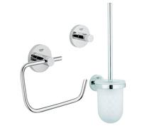 GROHE Essentials Ensemble d’accessoires pour toilettes 3 pièces avec porte-balai de toilettes, patère et porte-rouleau de papier toilette sans couvercle chromé 0438129/0438143/0438137/