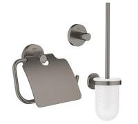GROHE Essentials Ensemble d’accessoires pour toilettes 3 pièces avec porte-balai de toilettes, patère et porte-rouleau de papier toilette avec clapet brushed hard graphite sw99001/sw99017/sw99041/
