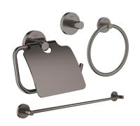 GROHE Essentials ensemble d'accessoires 4 pièces avec anneau porte-serviette, porte-serviettes, patère et porte-rouleau de papier toilette avec couvercle graphite brossé sw98945/sw98977/sw99001/sw9901