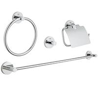 GROHE Essentials, set de bain 4 en 1, WC sans perçage, métal de qualité | Set avec distributeur de savon, porte-serviette, brosse WC et porte-papier, montage facile (chrome, 40776001)