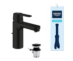 GROHE Get Mitigeur de Lavabo avec Tirette, Taille M (Levier Métal, Cartouche Céramique 35 mm, Mousseur Économiseur d’Eau 5,7 l/min, Flexibles 3/8", 159 mm, QuickTool Inclus), Noir Mat, 234542430