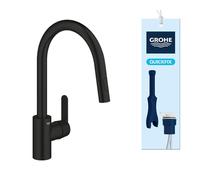 GROHE Get - Robinet de Cuisine monocommande pour évier, avec douchette extractible (2 types de jets, Bec Haut, Pivotant à 360°, Installation Facile) Noir Mat, 314842431