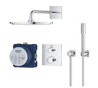 GROHE Grohtherm Ensemble de douche pluie Perfect - pomme de douche 31cm - douchette à main bâton 2 jets - partie extérieure rectangulaire chrome 34730000