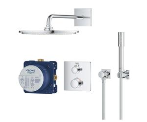 GROHE Grohtherm Ensemble de douche pluie Perfect - pomme de douche 31cm - douchette à main bâton 2 jets - partie extérieure rectangulaire chrome 34730000