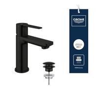 GROHE Lineare Mitigeur de Lavabo Corps Lisse avec Bonde Push-Open (Montage sur Plage, Taille XS 155 mm, Cartouche Céramique 28 mm, Économie d’Eau, Flexibles 3/8"), Noir Mat, 237912431