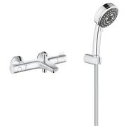 GROHE Mitigeur thermostatique Bain/Douche Grohtherm 800, raccords standards 1/2", chromé, 34567000 & Ensemble de douche 3 jets avec support mural Vitalio Comfort 100 Chromé 26176000