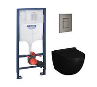 Grohe - Pack Bati-support Grohe Rapid SL + plaque hard graphite brossé + WC suspendu SENTO +abattant noir mat (GROHE-sentonoir2)