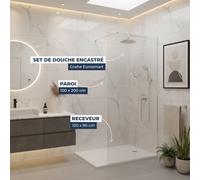 Grohe - Pack Douche Complet - Paroi Walk-In 100x200 Chrome + Colonne Grohe Eurosmart 2 Jets + Receveur Marbre Coulé Blanc 120x80