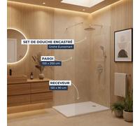Grohe - Pack Douche Complet - Paroi Walk-In 100x200 Chrome + Colonne Grohe Eurosmart 2 Jets + Receveur Marbre Coulé Blanc 120x90
