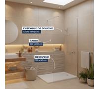 Grohe - Pack Douche Complet - Paroi Walk-In 100x200 Chrome + Colonne Grohe Tempesta 3 Jets + Receveur Marbre Coulé Blanc 120x90