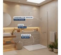 Grohe - Pack Douche Complet - Paroi Walk-In 100x200 Chrome + Colonne Grohe Tempesta 3 Jets + Receveur Marbre Coulé Blanc 120x80