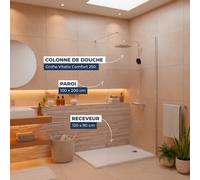Grohe - Pack Douche Complet - Paroi Walk-In 100x200 Chrome + Colonne Grohe Vitalio 2 Jets + Receveur Marbre Coulé Blanc 120x90