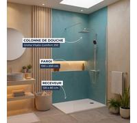Grohe - Pack Douche Complet - Paroi Walk-In 100x200 Chrome + Colonne Grohe Vitalio 2 Jets + Receveur Marbre Coulé Blanc 120x80